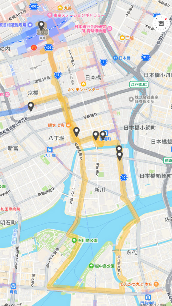 東京駅→越中島→茅場町→東京駅